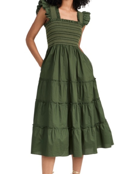 Hill House Dresses & Skirts - Hill House Olive Green Smocked Midi Dress with Ruffle Straps